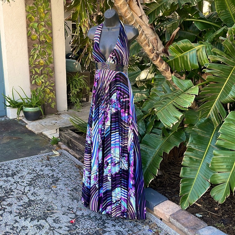 XOXO 60s abstract print beaded halter prom maxi dress